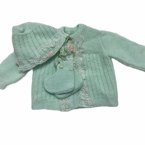 Crochet Baby Knit Sweater Hat & Booties Set Outfit Lace Trim Infant Girl Italy
